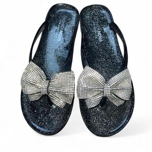 Women’s Black Sparkle Sandals with Rhinestone Bow